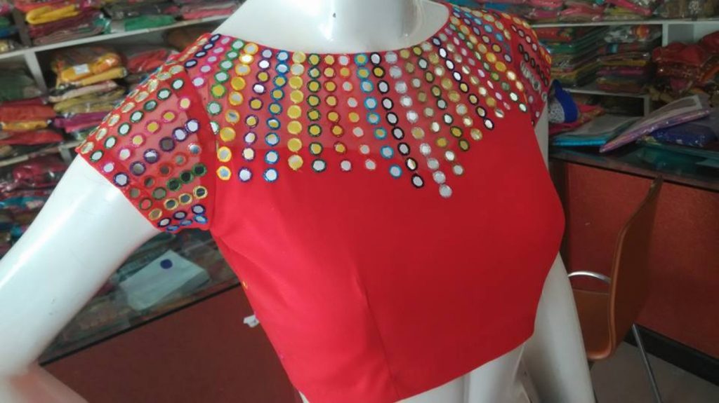 Boat neck blouse with mirror work