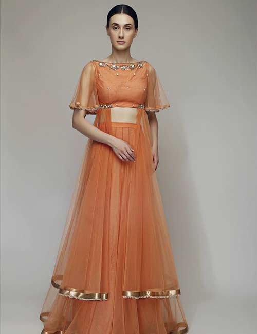 Boat neck with illusion cape sleeves for a lehenga