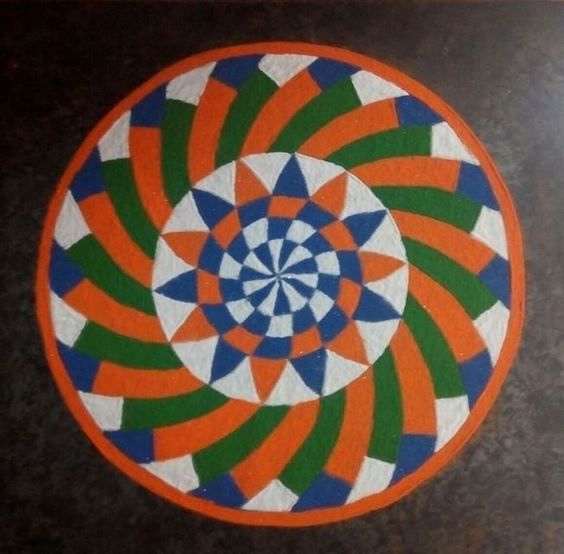 Circular rangoli pattern with shades of Indian flag