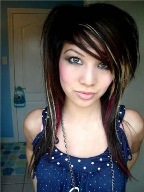 Emo hairstyle with multicolor chunky highlights