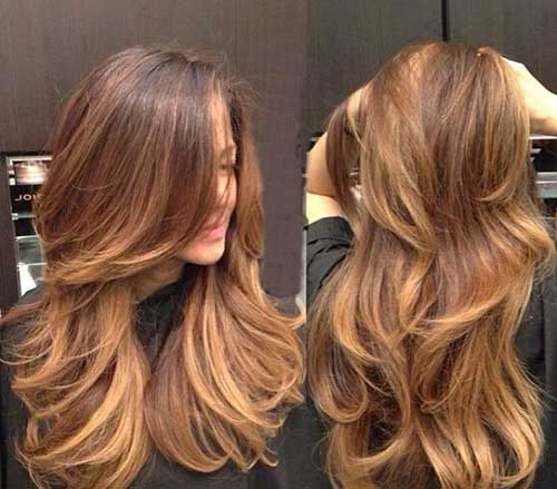 Layered hairstyle with caramel highlights