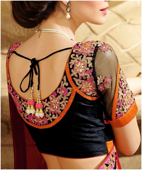 Intricately worked netted sleeve black blouse design