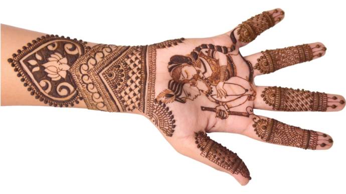 Henna design with dulha-dulhan pair