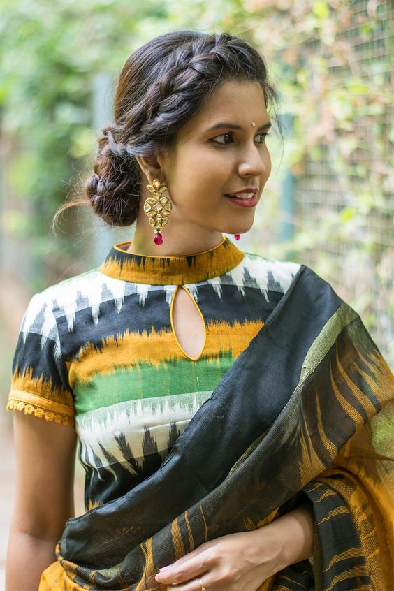 Multicolour Ikat high neck blouse design