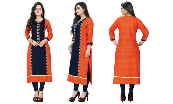 Latest designer party wear orange rayon kurtis for women