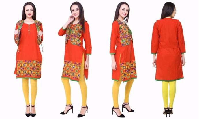 Women's orange color cotton kurti with embroidered jacket