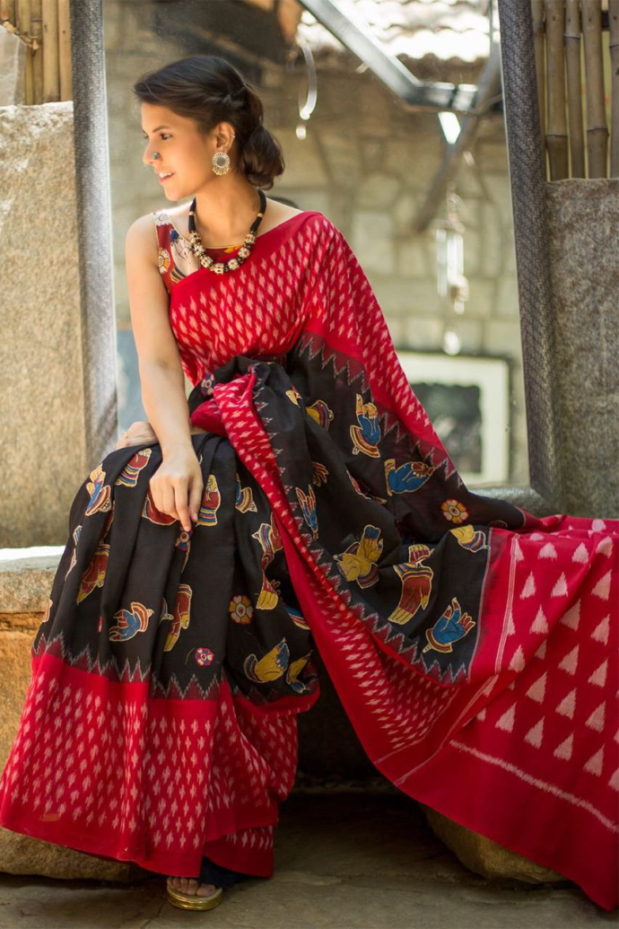 All-over kalamkari saree design in black and red