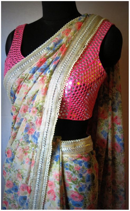 All over mirror worked sleeveless blouse design