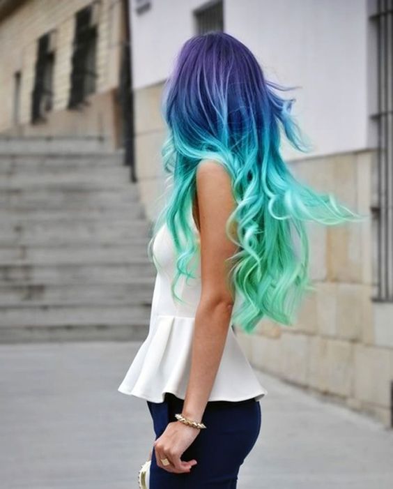 Blue and green balyage hair