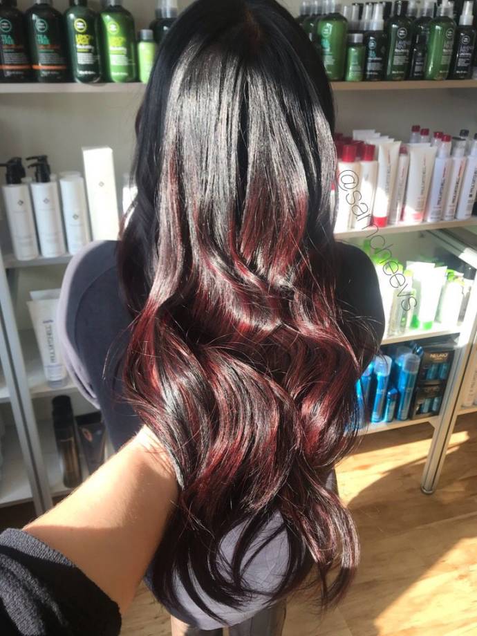 Jet black with red highlights for long black hairstyle