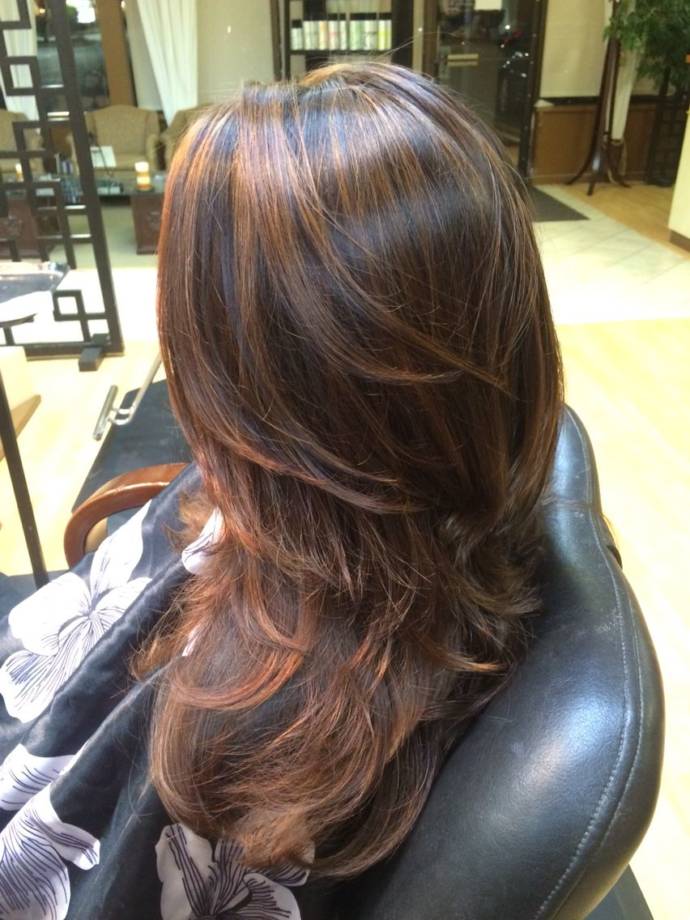 Light copper highlights for long black hairstyle