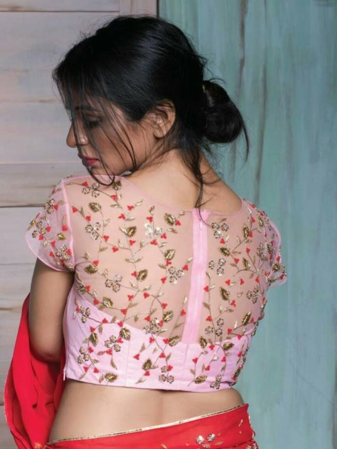 Sequin-net half-half blouse with motif work
