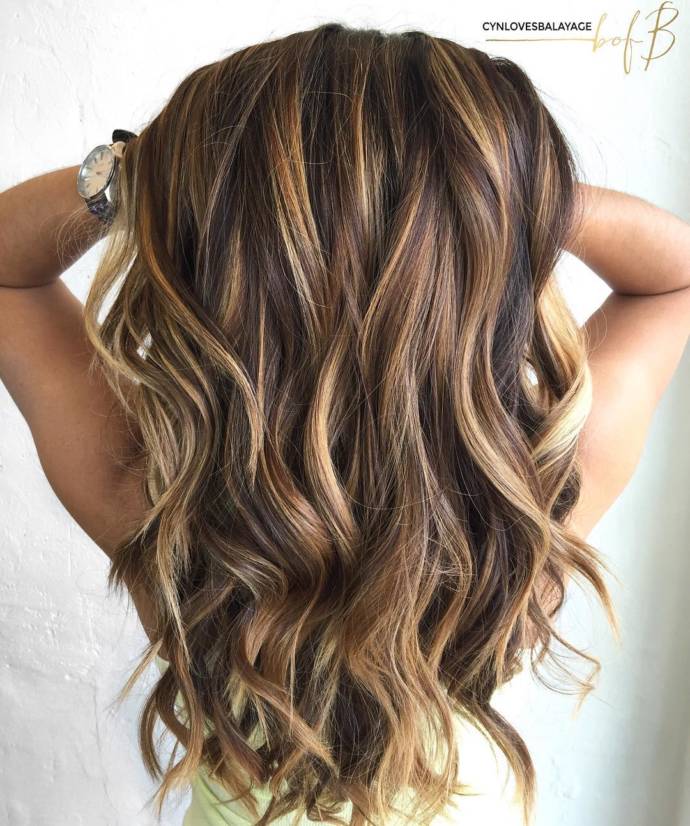 Shiny layered brown hair with caramel blonde highlights