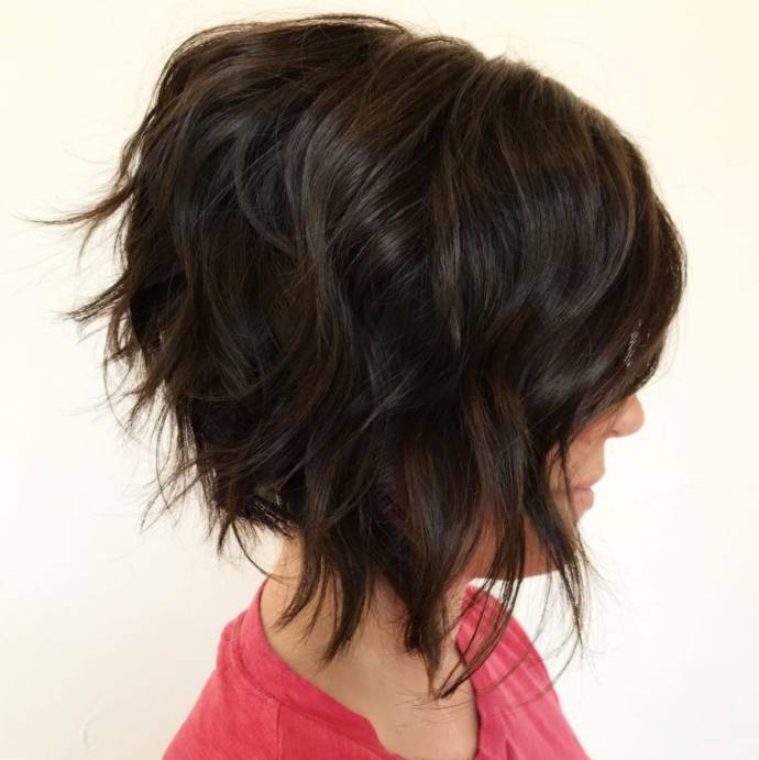 Short shag hairstyle with brown and black hair color