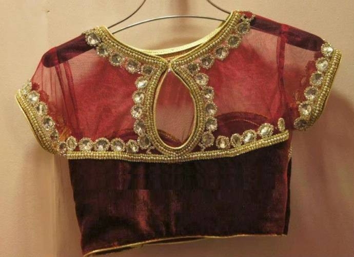 Velvet-net blouse with heavy bead work at the back