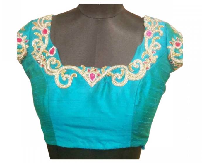 Greenish blue color blouse with golden work