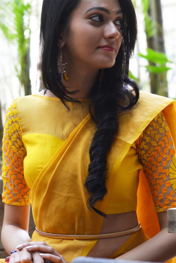Yellow boat neck blouse with thread work