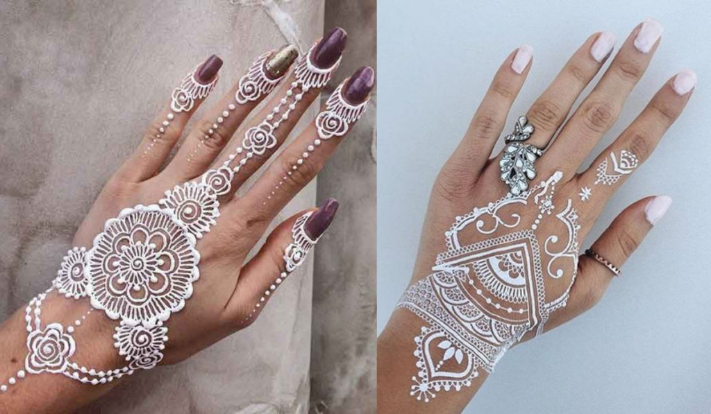 Simple floral and geometric design ideas in white mehendi