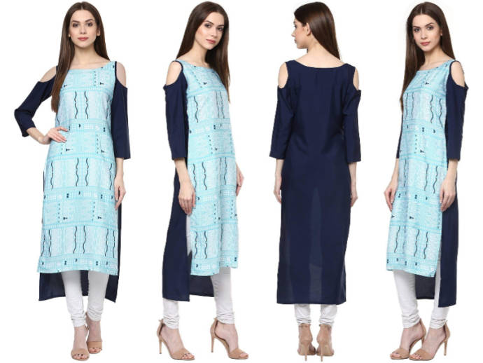 Abstract print blue kurti with high-low design