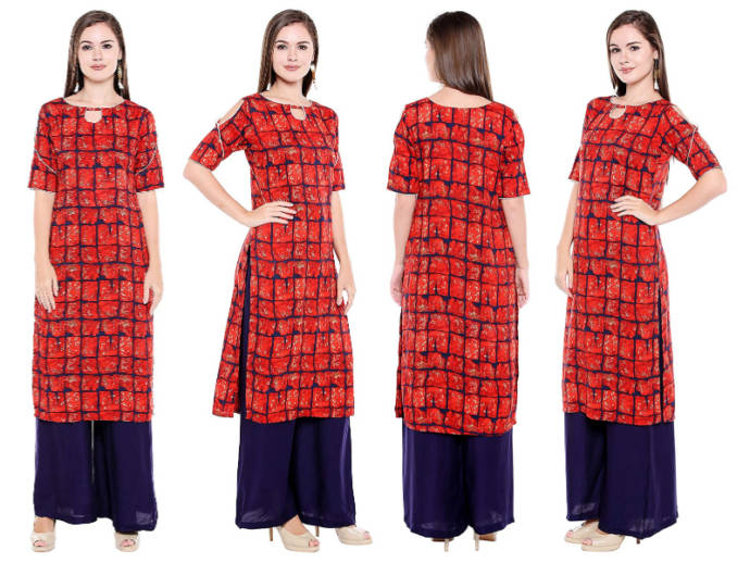 Abstract print checkered red cold shoulder kurti for women