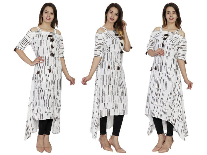 Black and white striped kurti with tassel design and pockets