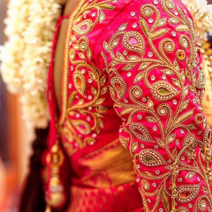 Dark pink with thread work saree blouse for bridal wear