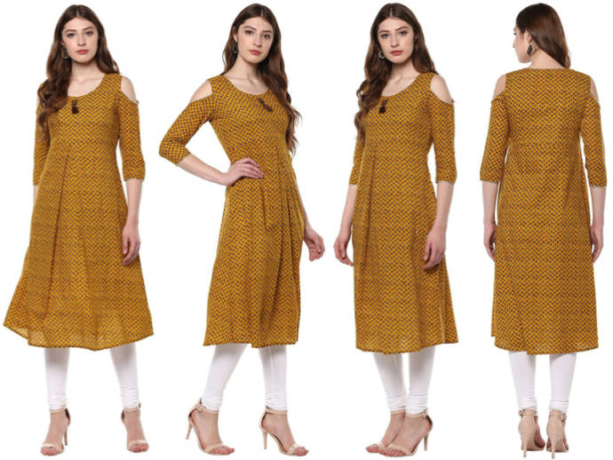 Mustard color cold shoulder kurti for women