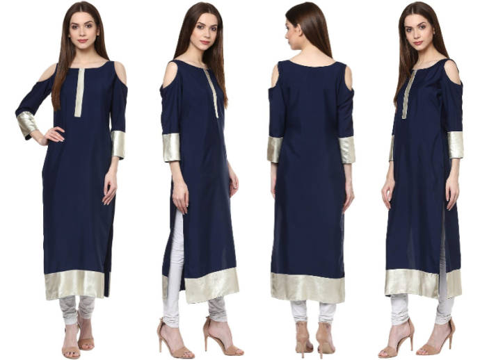 Navy solid cold shoulder kurti with silver panels