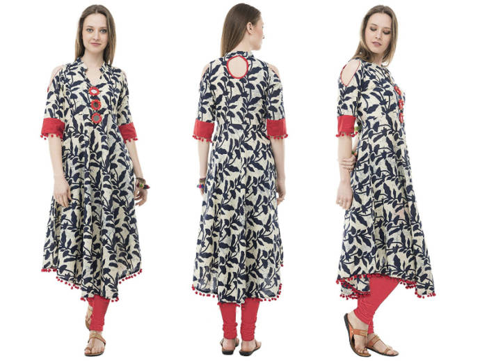 Off white kurti with leaf motif and cold shoulder detail