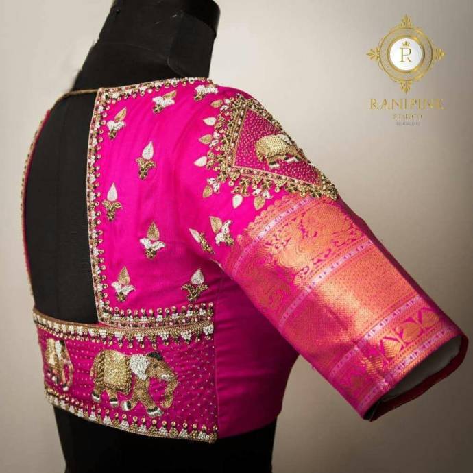 Rani color gorgeous saree bridal blouse design