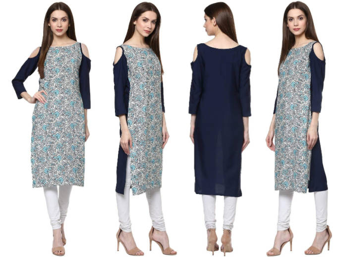 White and navy blue floral printed kurti