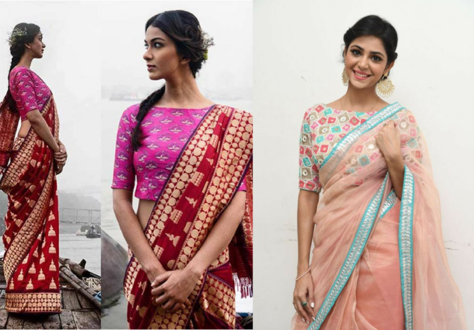 Boat neckline blouse with cotton sari