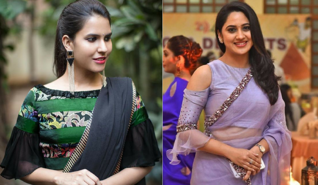 Latest frill sleeved blouse with plain sari