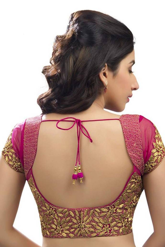 Short sleeve wide back choli blouse design for sarees