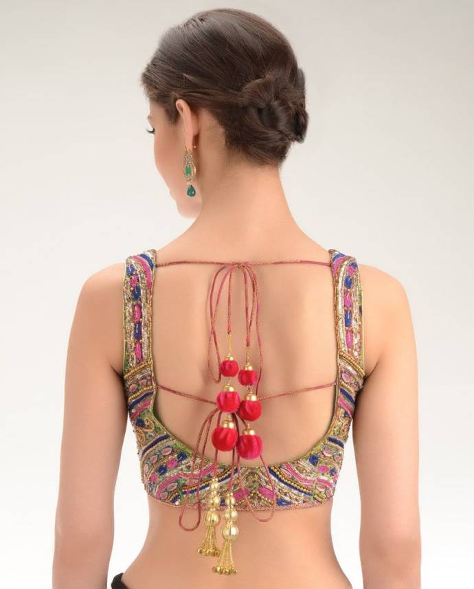 Sleeveless open back blouse design for sarees and lehenga