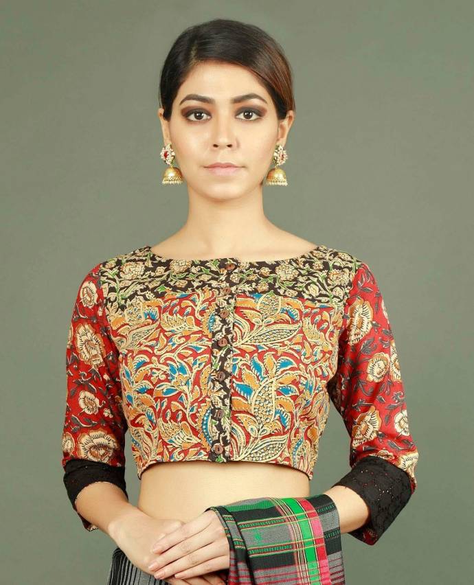 Floral kalamkari blouse design with multiple colors