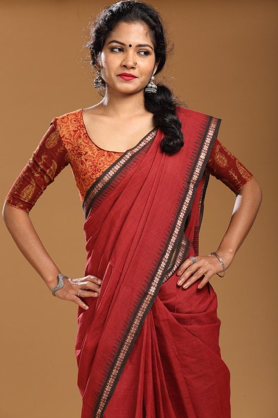 Kalamkari blouse design with mid-length sleeves