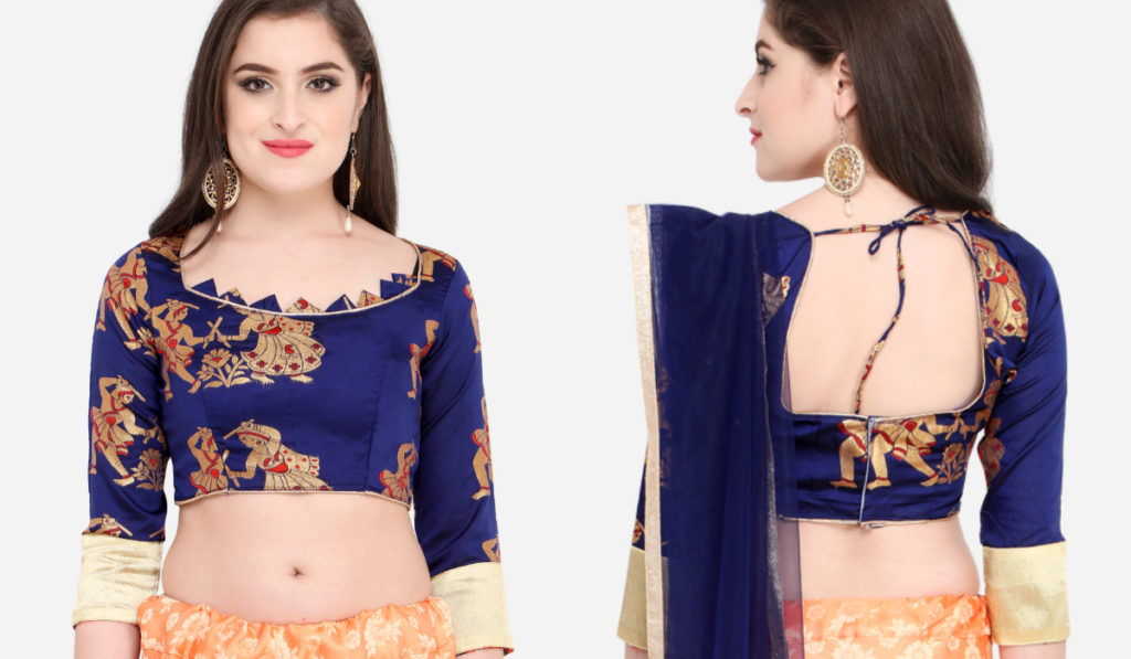 Beautiful Blue Brocade Blouse with Designer back and Front Neck Style