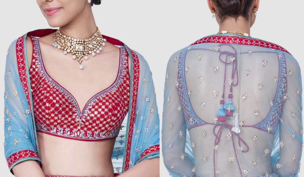 Light Blue and Red Blouse with Deep Neck and Open Back Design