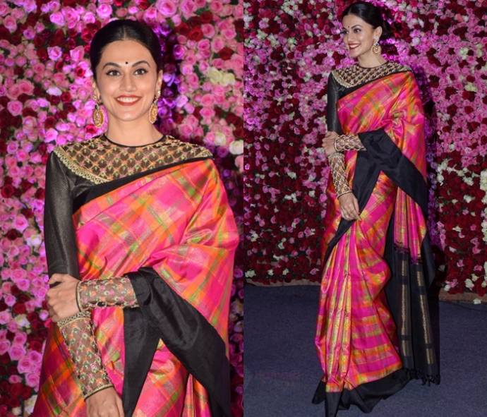 Tapsee pannu in High Neck Embroidered Blouse with Net Sleeves