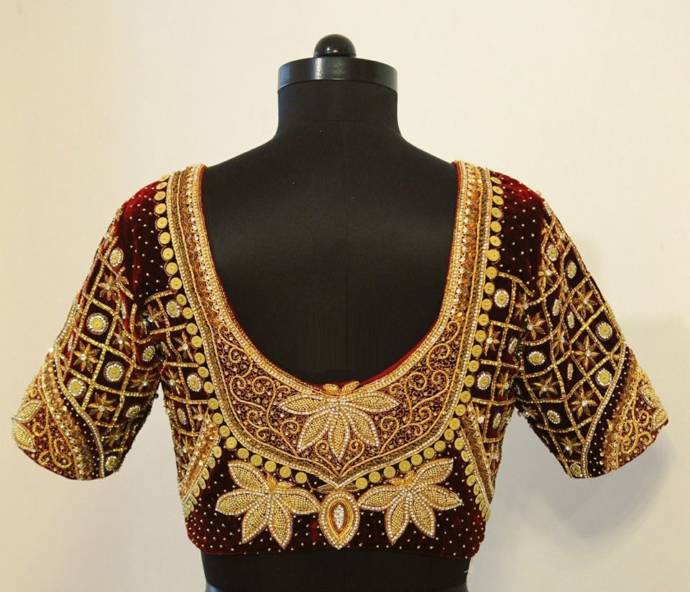 Velvet blouse with golden maggam work