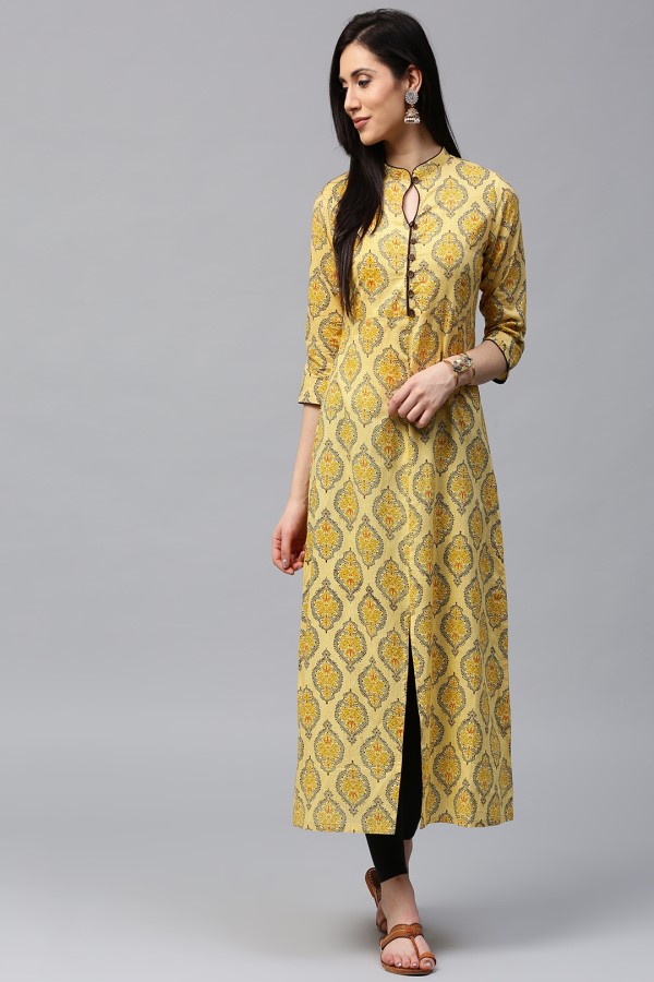 Yellow kurti with the black contemporary sleeves