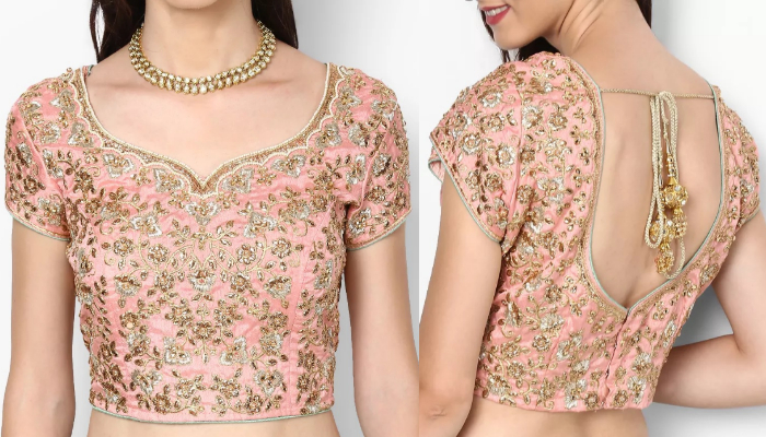 Heavy embroidered deep U short sleeve designer blouse
