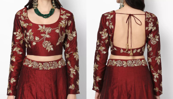 Embroidered deep U back neck with a string blouse design