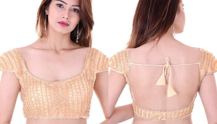 Latest beadwork backless blouse design with string
