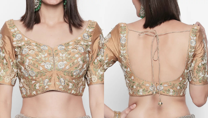 Heavy embroidered choli cut half sleeved deep U stringed back designer blouse