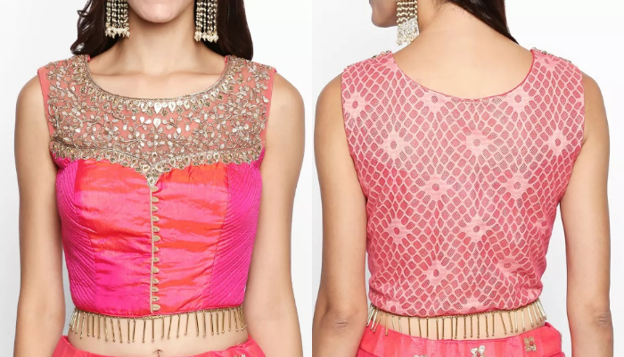 Designer full boat neck sleeveless blouse with embroidery details and fringed waistline