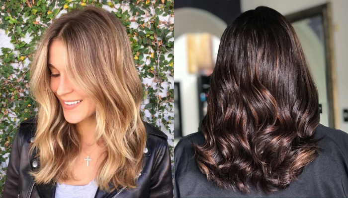 Medium length hair highlights with blonde and caramel color